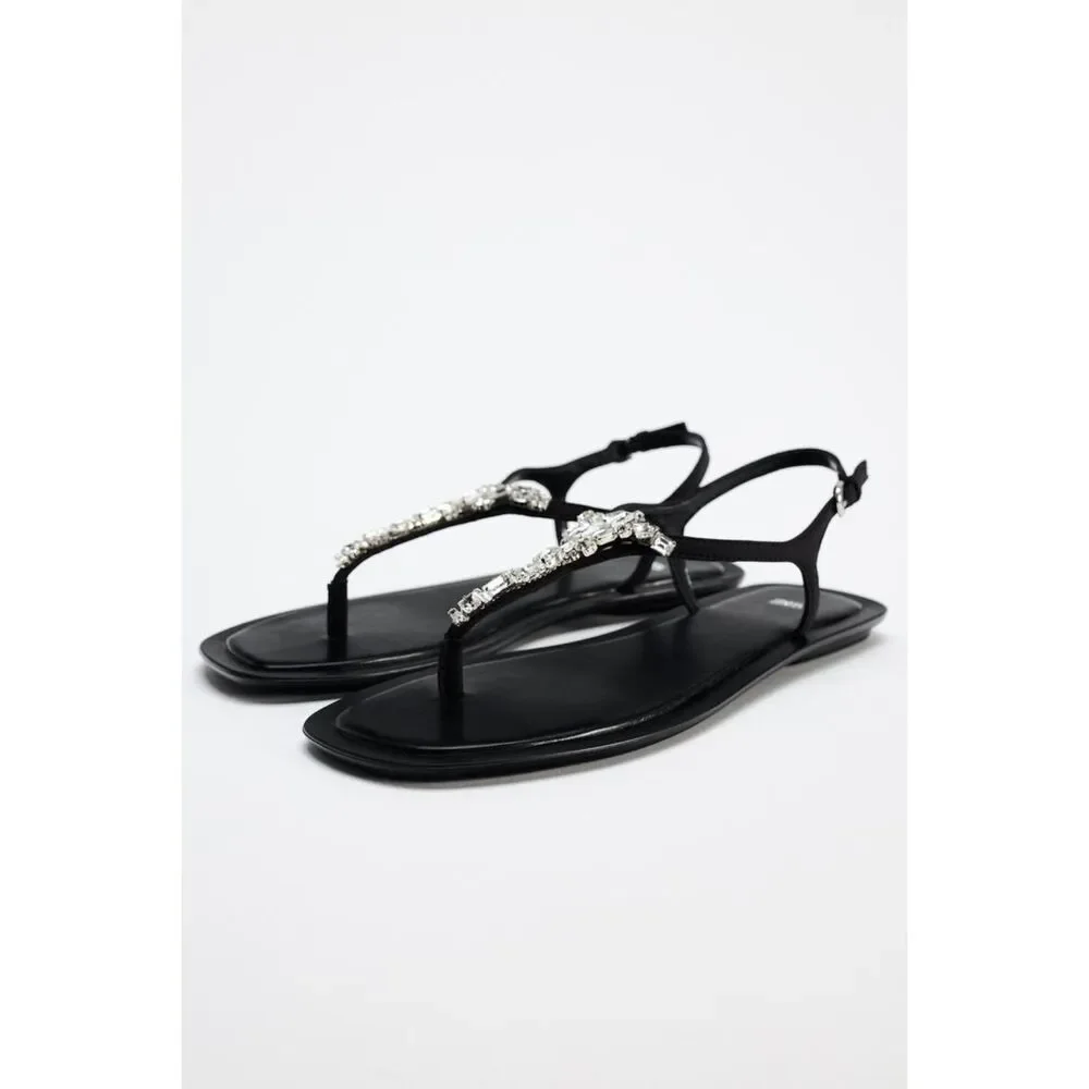 Black Zara Rhinestone Jewel Embellished Open-Toe Ankle Strap Flat Sandals (NWT) - Picture 8 of 8